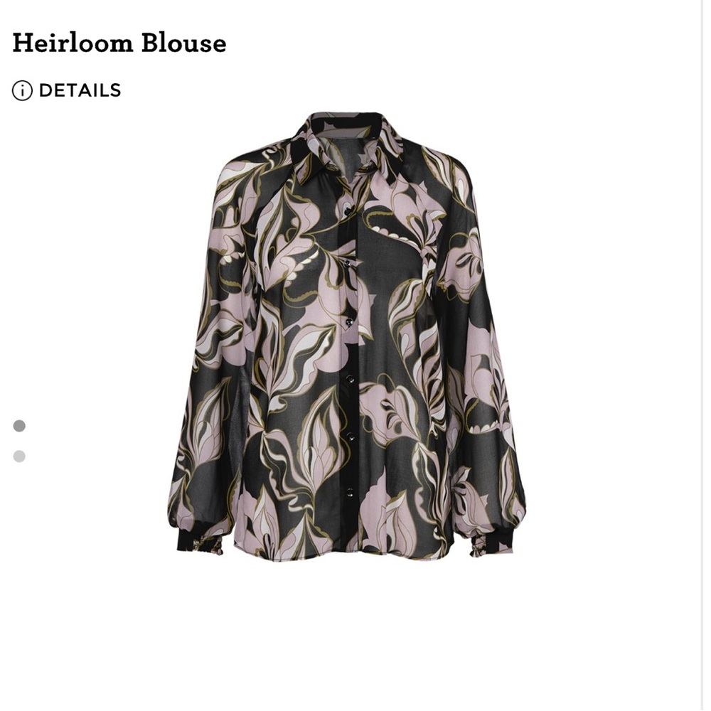 Cabi Heirloom Blouse - Black and Pinkish Lilac Floral Design